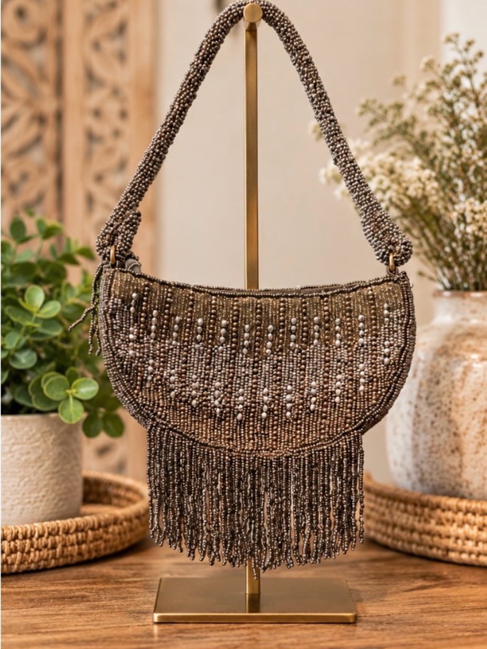 Anthropologie Half Moon beaded shoulder bag featuring beaded fringe NWOT - Picture 2 of 3